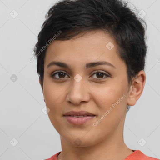 Joyful latino young-adult female with short  brown hair and brown eyes