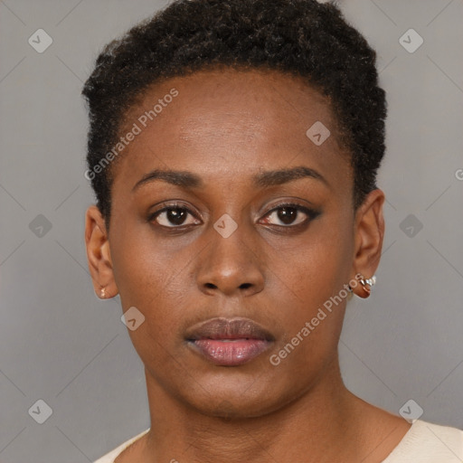 Neutral black young-adult female with short  black hair and brown eyes