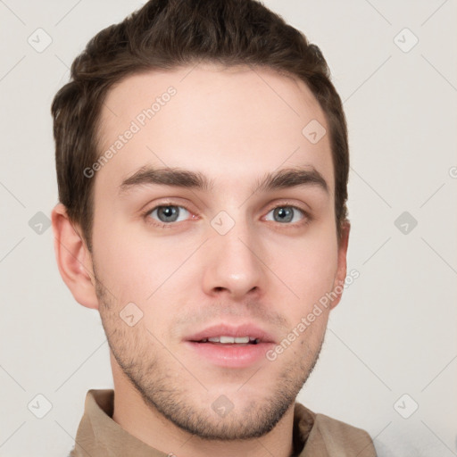 Neutral white young-adult male with short  brown hair and grey eyes