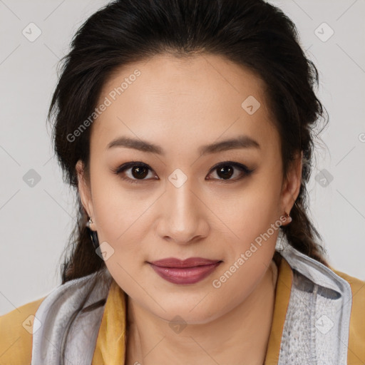 Joyful asian young-adult female with medium  brown hair and brown eyes