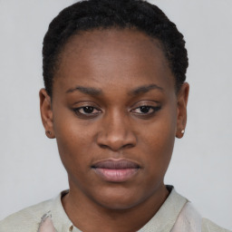 Neutral black young-adult female with short  black hair and brown eyes