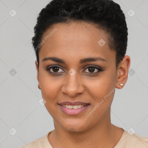 Joyful black young-adult female with short  brown hair and brown eyes