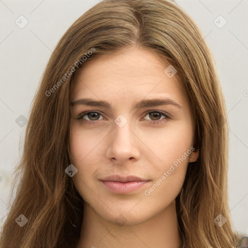 Neutral white young-adult female with long  brown hair and brown eyes