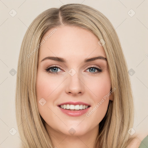 Joyful white young-adult female with long  brown hair and green eyes