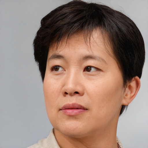 Joyful asian adult female with short  brown hair and brown eyes