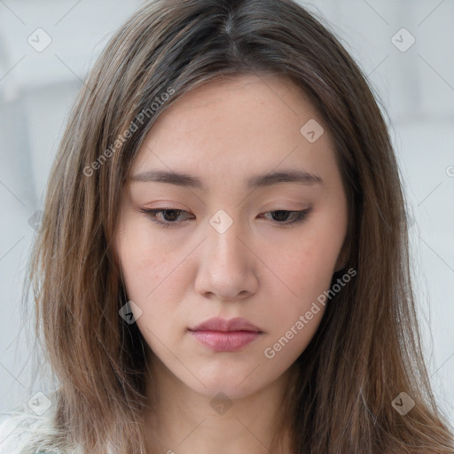 Neutral white young-adult female with long  brown hair and brown eyes