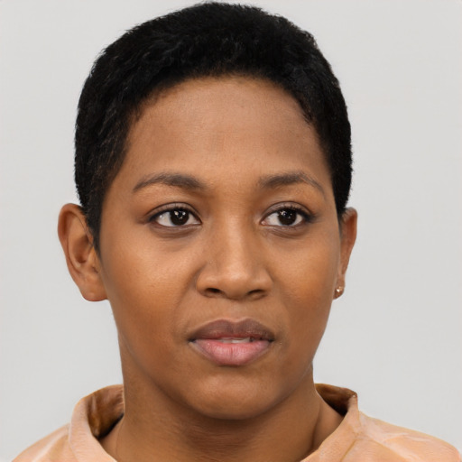 Joyful black young-adult female with short  black hair and brown eyes
