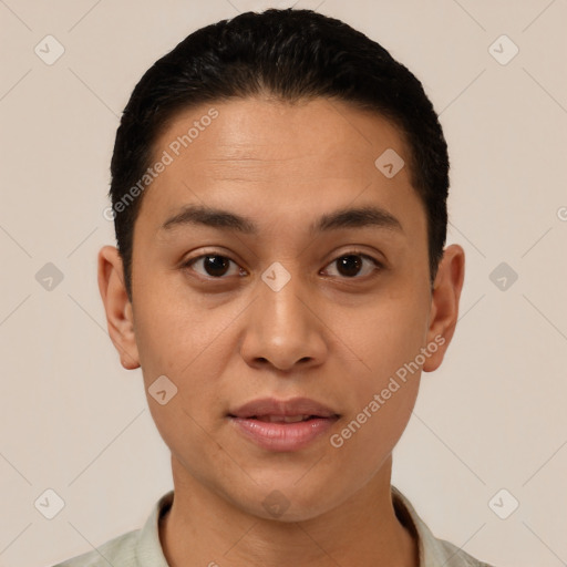 Joyful white young-adult male with short  black hair and brown eyes