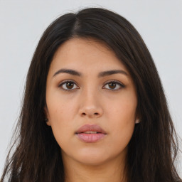 Neutral asian young-adult female with long  brown hair and brown eyes