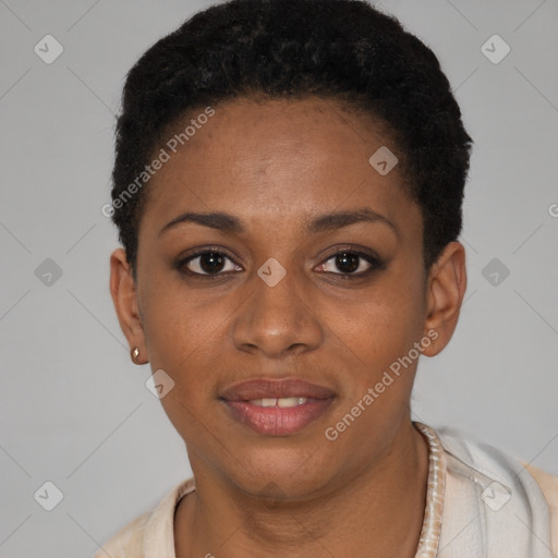 Joyful black young-adult female with short  brown hair and brown eyes