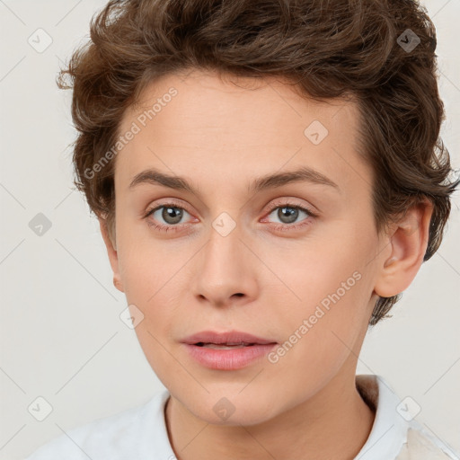 Neutral white young-adult female with short  brown hair and brown eyes