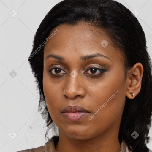 Neutral black young-adult female with medium  brown hair and brown eyes