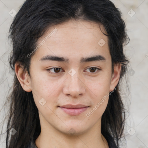 Joyful white young-adult male with medium  brown hair and brown eyes