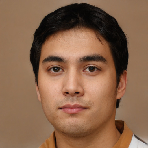 Neutral asian young-adult male with short  black hair and brown eyes