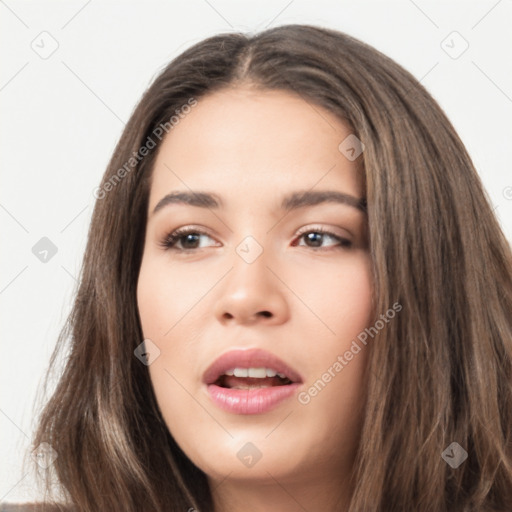 Neutral white young-adult female with long  brown hair and brown eyes