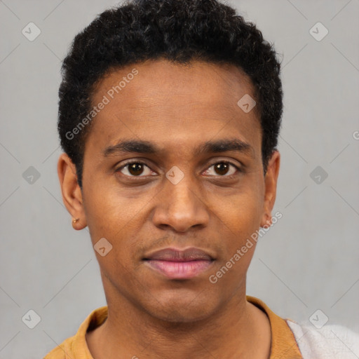 Neutral black young-adult male with short  black hair and brown eyes