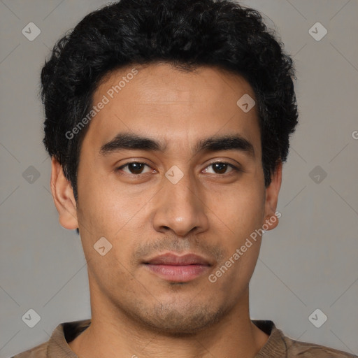 Neutral latino young-adult male with short  black hair and brown eyes