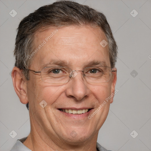 Joyful white middle-aged male with short  brown hair and brown eyes