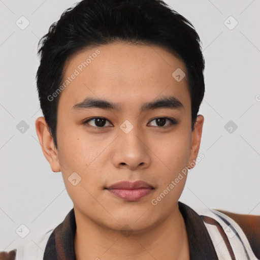 Neutral asian young-adult male with short  black hair and brown eyes