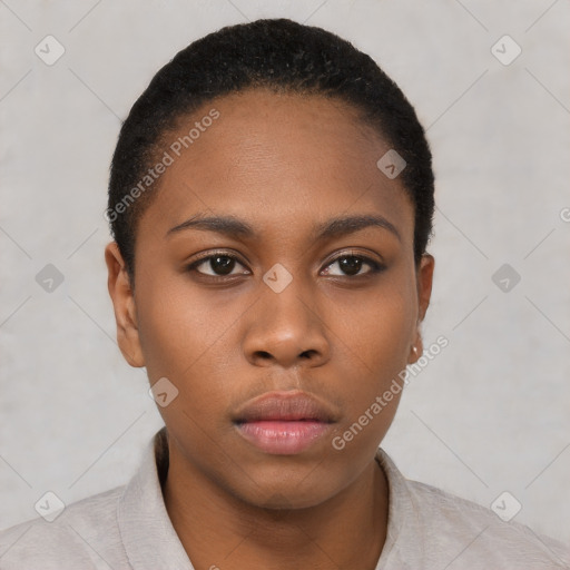 Neutral black young-adult female with short  black hair and brown eyes