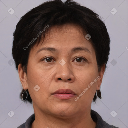 Neutral white adult female with short  brown hair and brown eyes