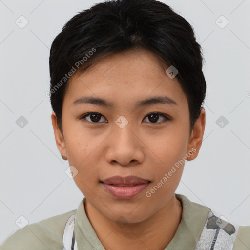 Joyful latino young-adult female with short  brown hair and brown eyes