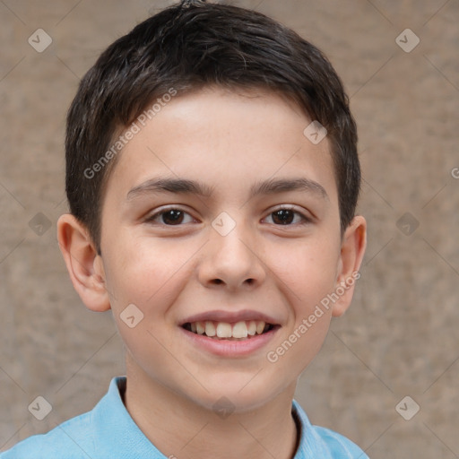 Joyful white child male with short  brown hair and brown eyes