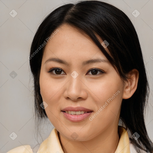 Joyful asian young-adult female with medium  brown hair and brown eyes