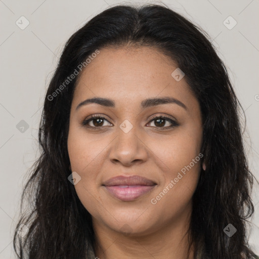 Joyful latino young-adult female with long  brown hair and brown eyes