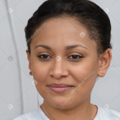 Joyful latino young-adult female with short  brown hair and brown eyes