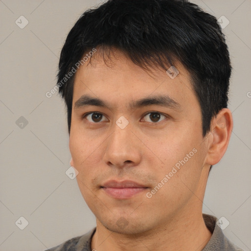 Neutral asian young-adult male with short  black hair and brown eyes