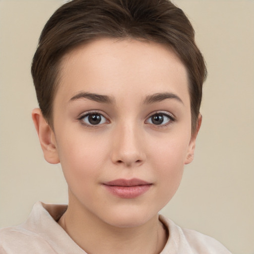 Neutral white young-adult female with short  brown hair and brown eyes