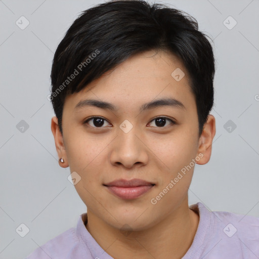 Joyful asian young-adult female with short  black hair and brown eyes