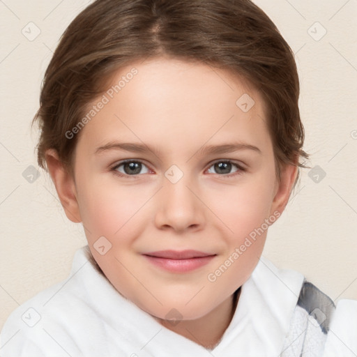 Joyful white child female with medium  brown hair and brown eyes