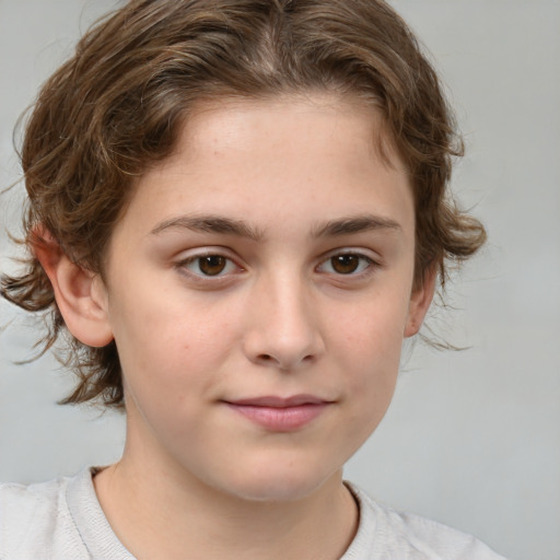 Joyful white child female with medium  brown hair and brown eyes