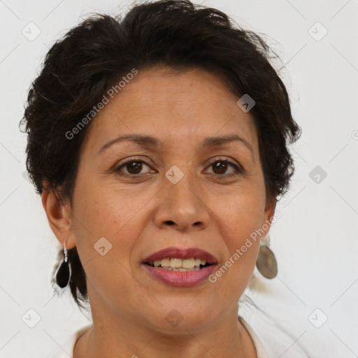 Joyful white adult female with short  brown hair and brown eyes