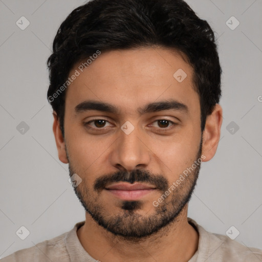 Neutral latino young-adult male with short  black hair and brown eyes