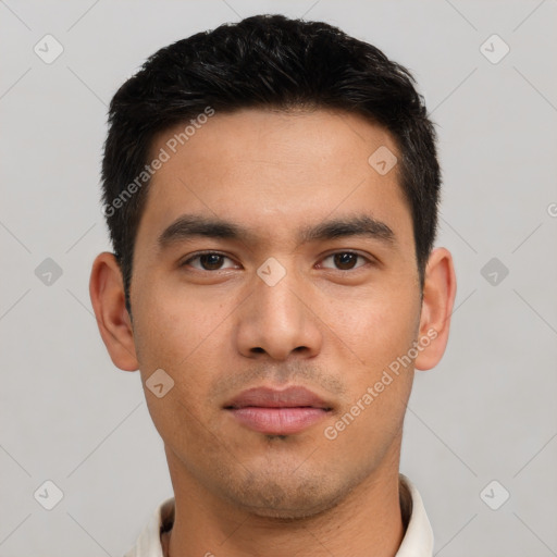 Neutral asian young-adult male with short  brown hair and brown eyes