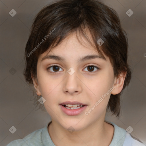 Joyful white child female with medium  brown hair and brown eyes