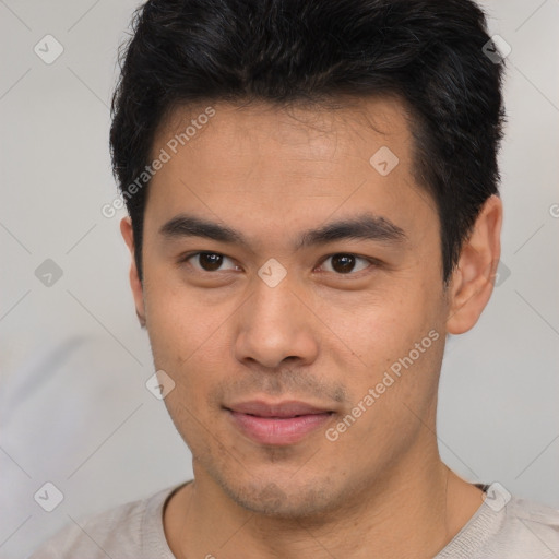 Neutral asian young-adult male with short  brown hair and brown eyes