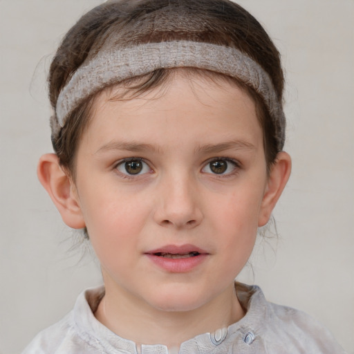 Neutral white child female with medium  brown hair and grey eyes