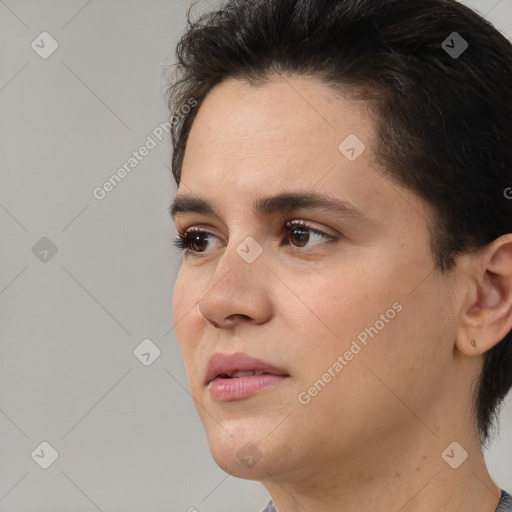 Neutral white young-adult female with medium  brown hair and brown eyes