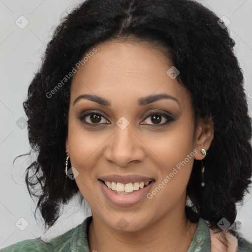 Joyful latino young-adult female with long  brown hair and brown eyes