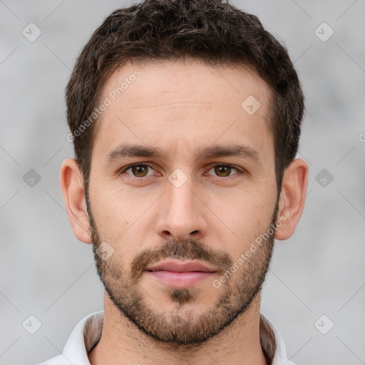 Neutral white young-adult male with short  brown hair and brown eyes