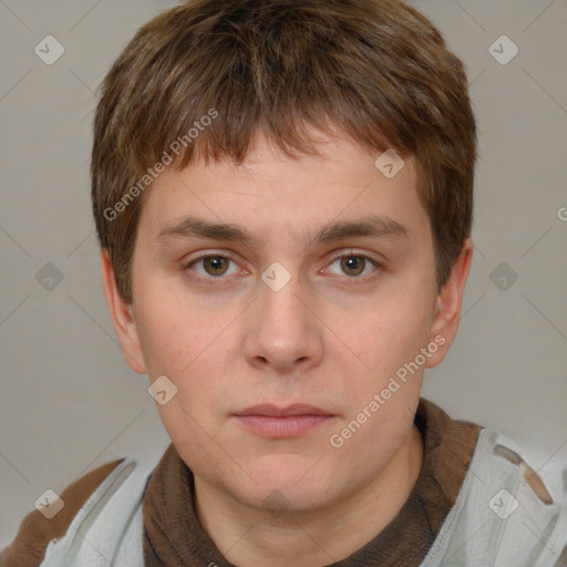 Neutral white young-adult male with short  brown hair and grey eyes