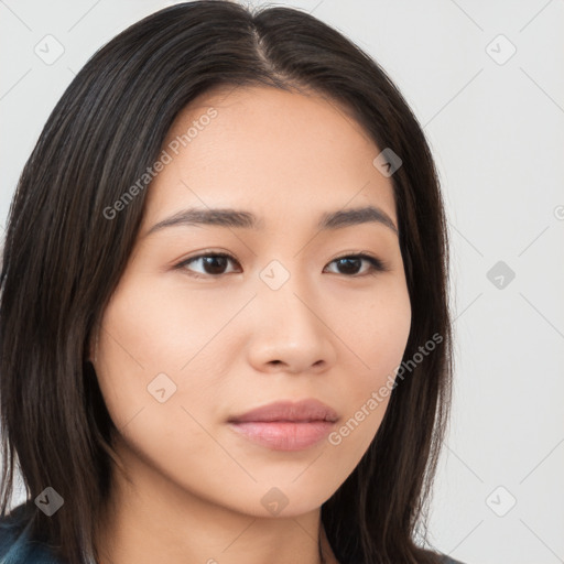 Neutral white young-adult female with long  brown hair and brown eyes