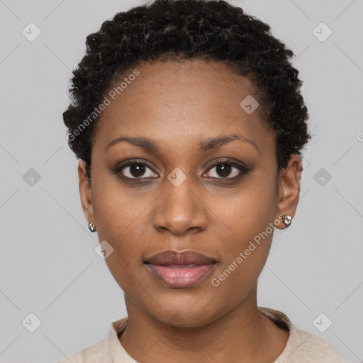 Neutral black young-adult female with short  black hair and brown eyes