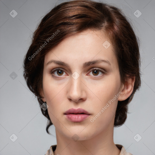 Neutral white young-adult female with medium  brown hair and brown eyes