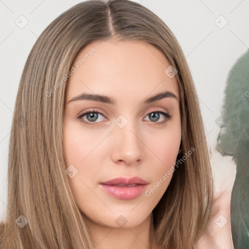 Neutral white young-adult female with long  brown hair and brown eyes