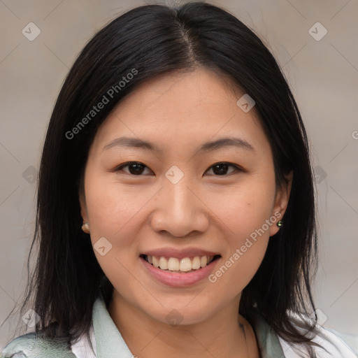 Joyful white young-adult female with medium  brown hair and brown eyes